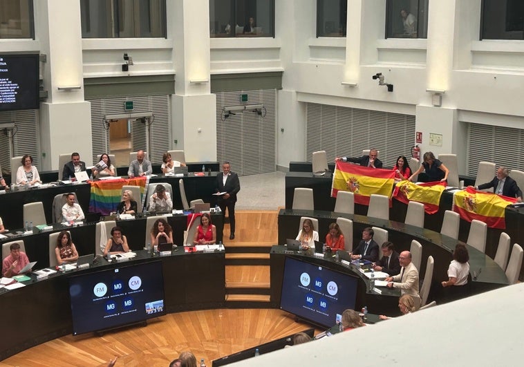 'Guerra' de banderas en el Pleno: el PSOE cuelga en su bancada la arcoíris y Vox responde con la de España ‘Guerra’ de banderas en el Pleno: el PSOE cuelga en su bancada la arcoíris y Vox responde con la de España